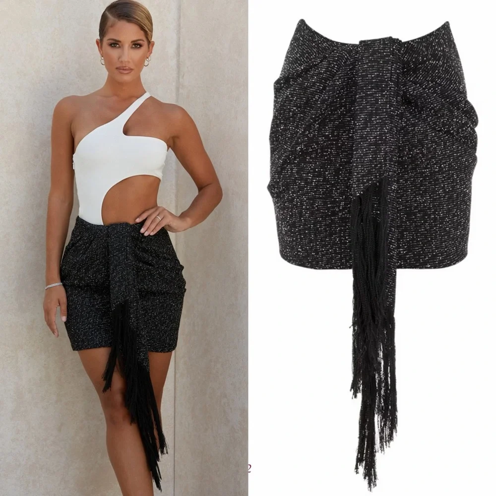 ❤️‍🔥Firm Price❤️‍🔥 House of CB MARTHA Black Sparkle Draped Mini Skirt - Picture 1 of 11